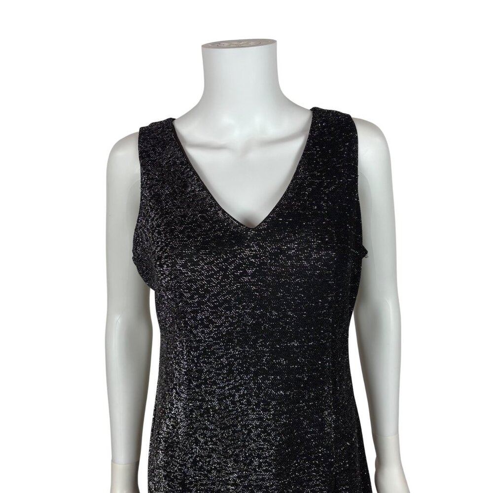 Vintage 70s Metallic Dress Womens Large Black Silver Lurex V Neck Midi Evening P - Picture 3 of 10